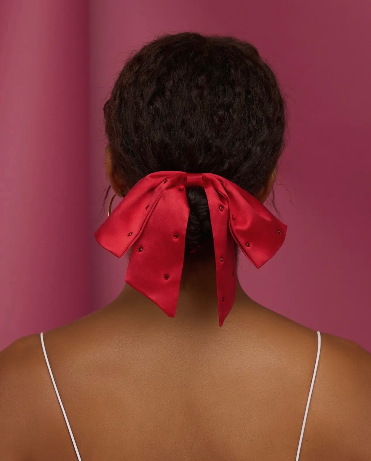 Kitsch Satin & Rhinestone Bow Scrunchie- Red
