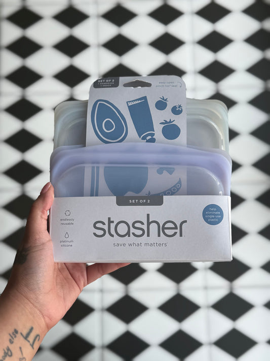 Stasher Set of 2 Sandwich Reusable Bag - 1 Clear Sandwich & 1 Lavender Snack