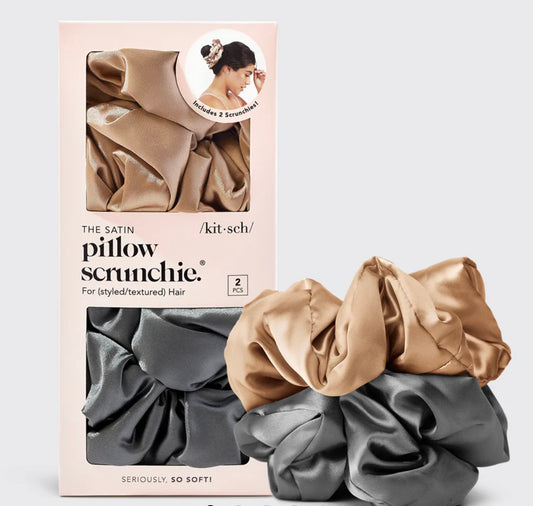 Kitsch Charcoal & Gold Satin Pillow Scrunchies 2pc Set