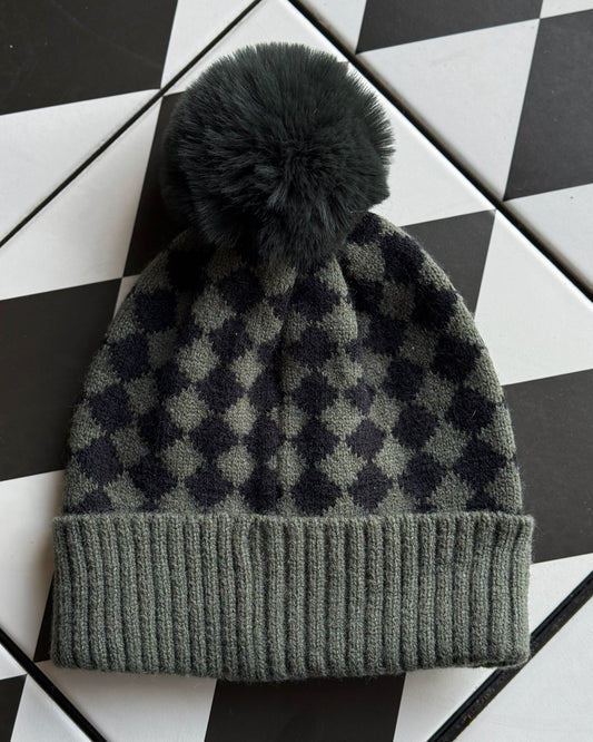 Green Checkered Pom Beanie