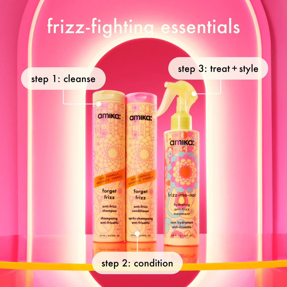 amika super-sized frizz fighters set anti-frizz shampoo, conditioner + treatment