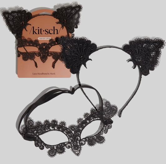 Kitsch Lace Headband & Mask 2pc Set Halloween - Black Cat